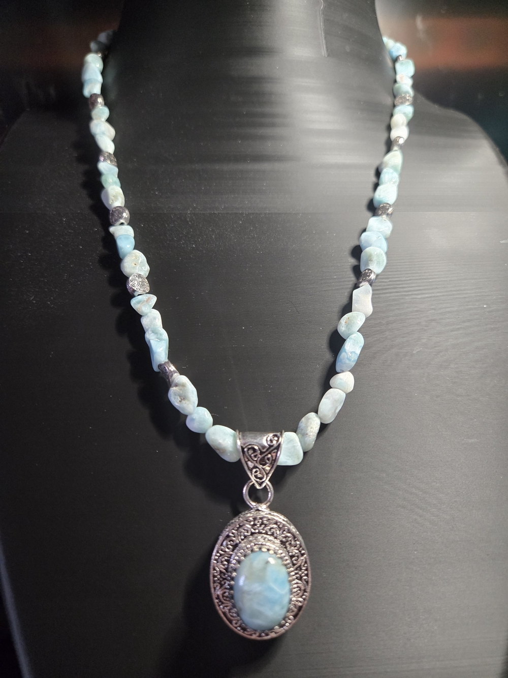 Larimar Beaded Necklace With 925 Pendant - Picture 2 of 4